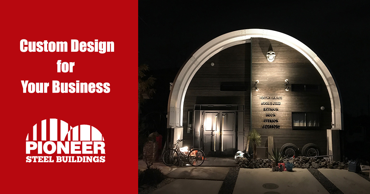 Custom design front endwall of a Pioneer Steel building at night